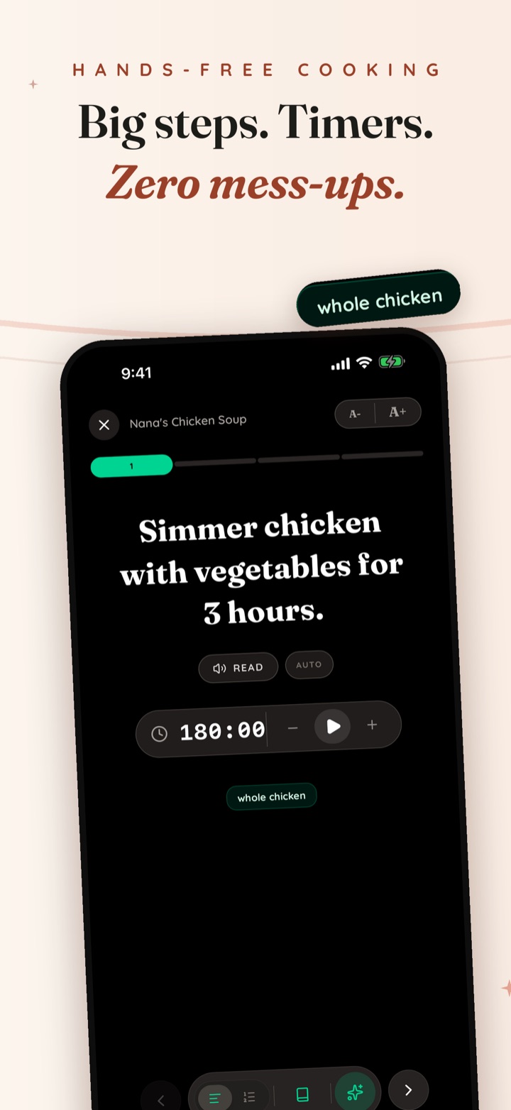 Mium Cook Mode — big hands-free steps with built-in timers
