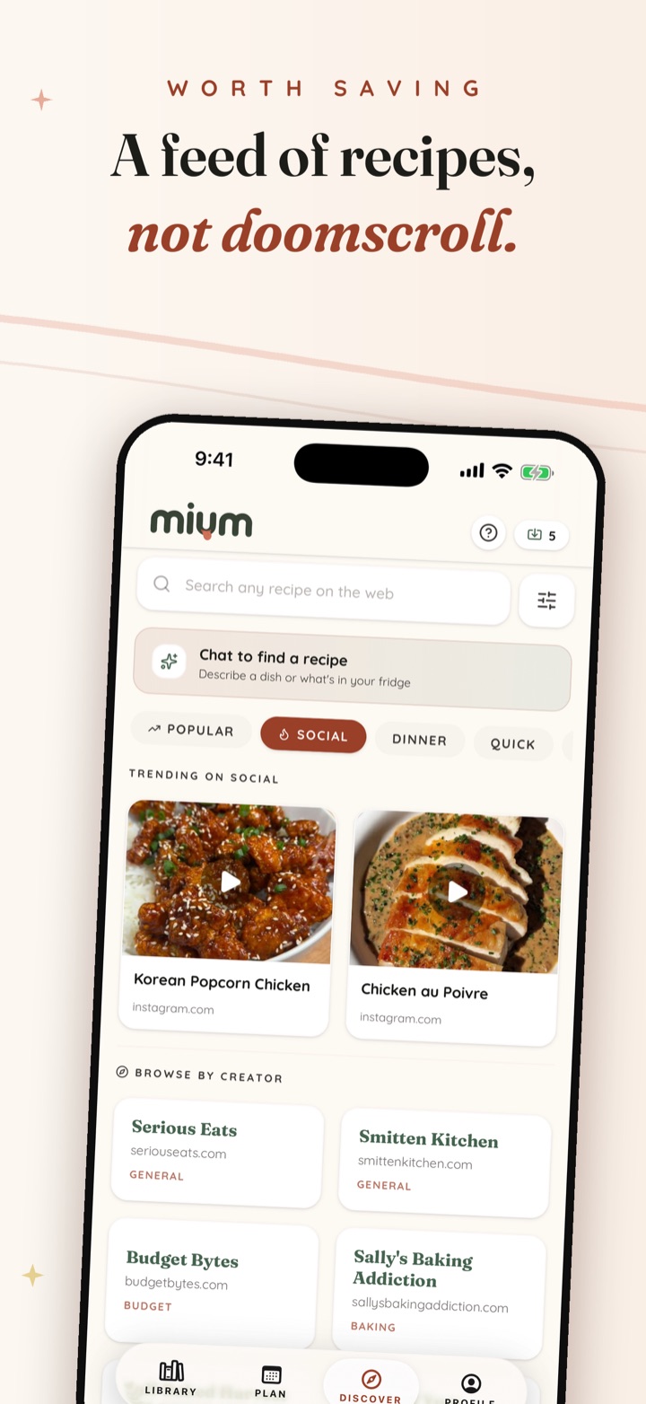 Mium Discover — a feed of recipes from trusted creators and publisher sites