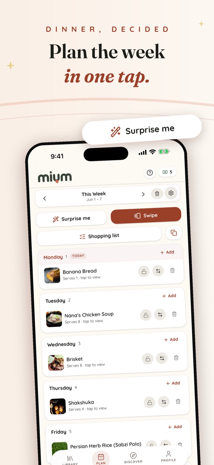 Mium weekly meal planner — plan the week in one tap with Surprise me