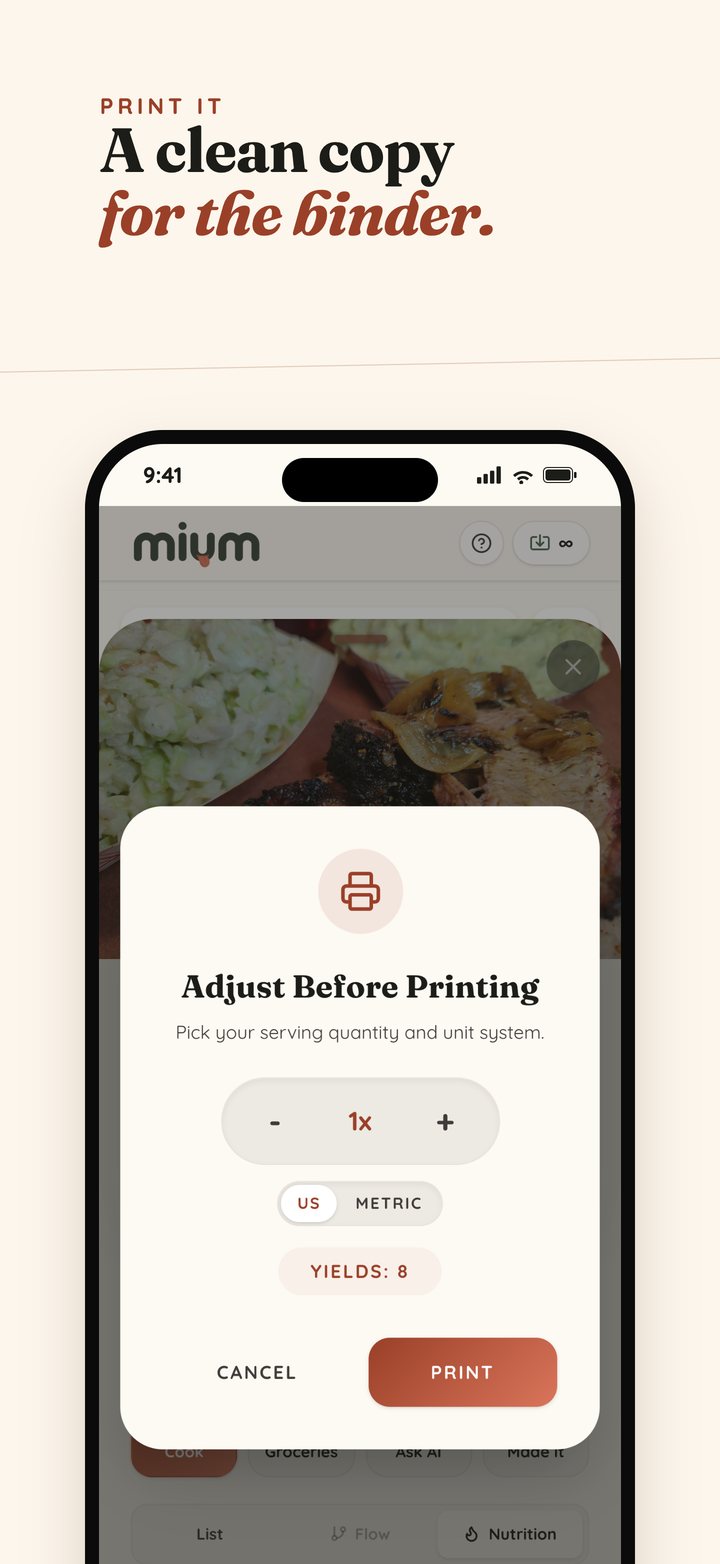 Printing a recipe from Mium — pick servings and units, then print a clean copy