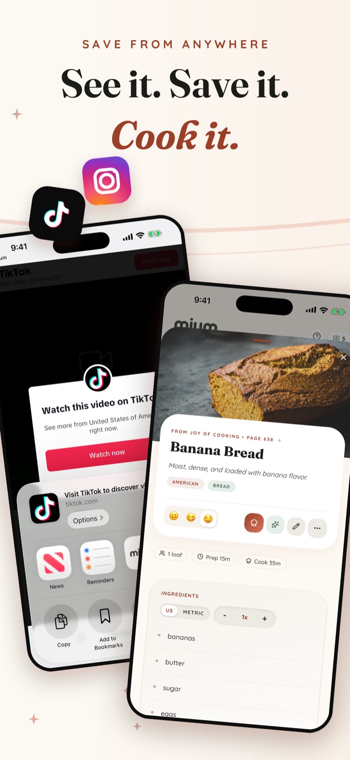 Saving a TikTok recipe to Mium — share the post and the full recipe lands in your library